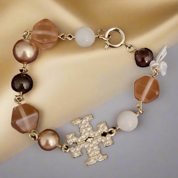 Authentic Tory Burch Rose Gold Crystal T Logo Resin Bracelet Rose Gold Hexagon - Picture 2 of 11